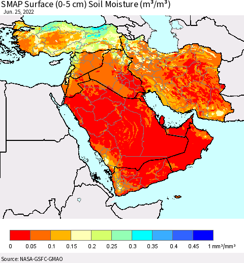Middle East and Turkey SMAP Surface (0-5 cm) Soil Moisture (m³/m³) Thematic Map For 6/21/2022 - 6/25/2022
