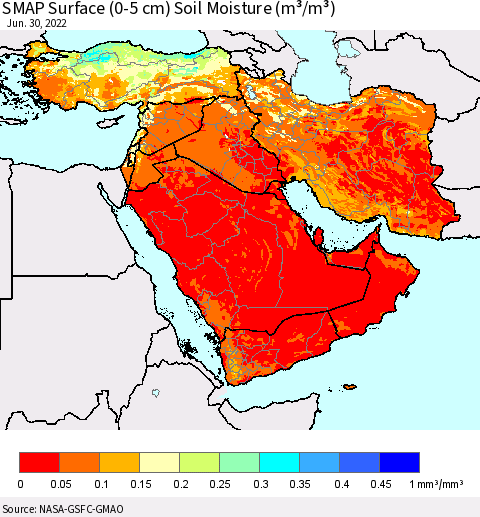 Middle East and Turkey SMAP Surface (0-5 cm) Soil Moisture (m³/m³) Thematic Map For 6/26/2022 - 6/30/2022