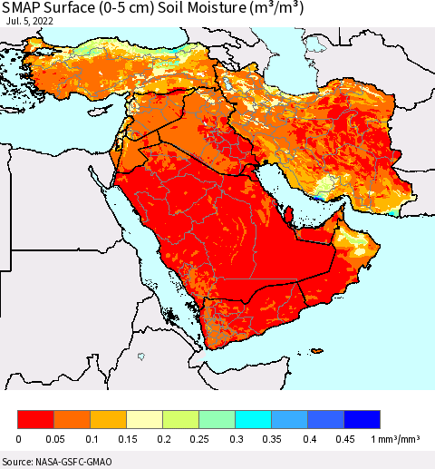 Middle East and Turkey SMAP Surface (0-5 cm) Soil Moisture (m³/m³) Thematic Map For 7/1/2022 - 7/5/2022