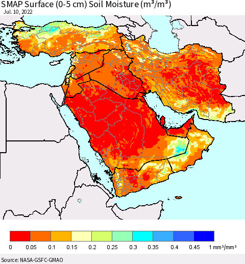 Middle East and Turkey SMAP Surface (0-5 cm) Soil Moisture (m³/m³) Thematic Map For 7/6/2022 - 7/10/2022