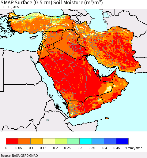 Middle East and Turkey SMAP Surface (0-5 cm) Soil Moisture (m³/m³) Thematic Map For 7/11/2022 - 7/15/2022