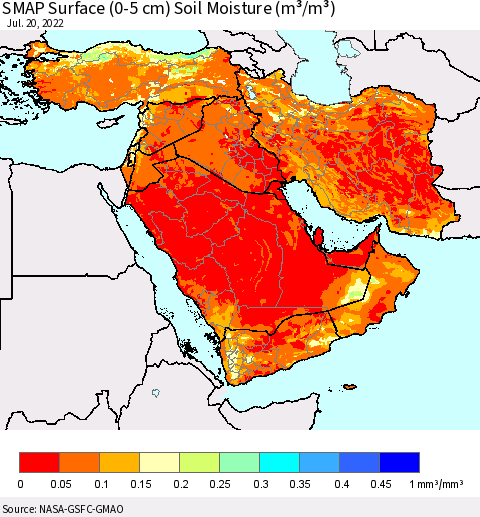 Middle East and Turkey SMAP Surface (0-5 cm) Soil Moisture (m³/m³) Thematic Map For 7/16/2022 - 7/20/2022