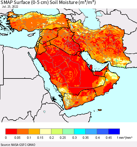 Middle East and Turkey SMAP Surface (0-5 cm) Soil Moisture (m³/m³) Thematic Map For 7/21/2022 - 7/25/2022