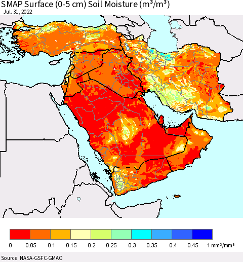 Middle East and Turkey SMAP Surface (0-5 cm) Soil Moisture (m³/m³) Thematic Map For 7/26/2022 - 7/31/2022