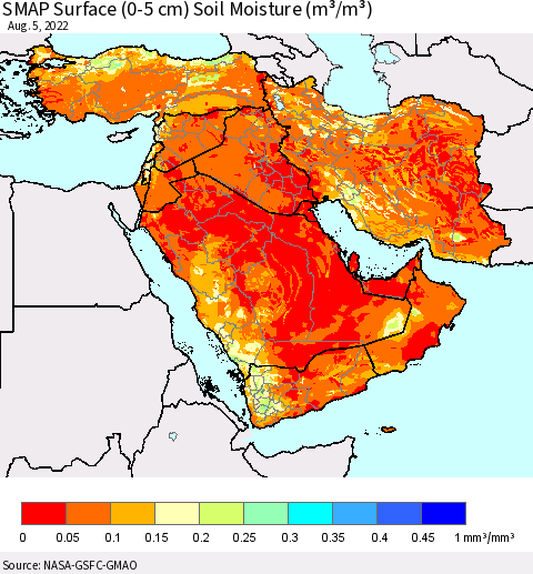 Middle East and Turkey SMAP Surface (0-5 cm) Soil Moisture (m³/m³) Thematic Map For 8/1/2022 - 8/5/2022