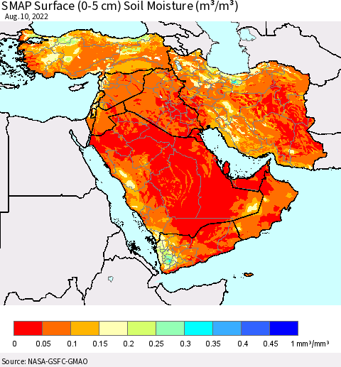 Middle East and Turkey SMAP Surface (0-5 cm) Soil Moisture (m³/m³) Thematic Map For 8/6/2022 - 8/10/2022