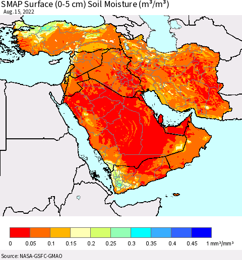 Middle East and Turkey SMAP Surface (0-5 cm) Soil Moisture (m³/m³) Thematic Map For 8/11/2022 - 8/15/2022