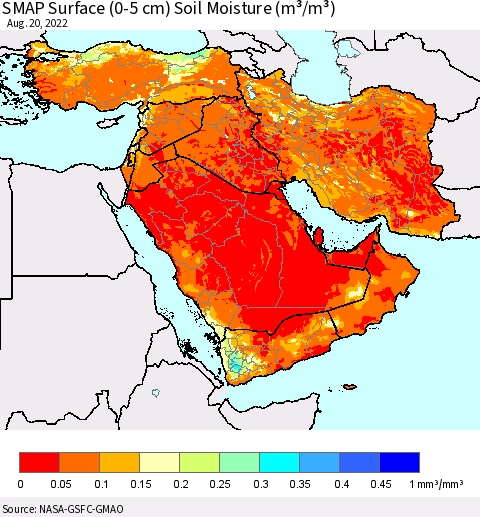 Middle East and Turkey SMAP Surface (0-5 cm) Soil Moisture (m³/m³) Thematic Map For 8/16/2022 - 8/20/2022