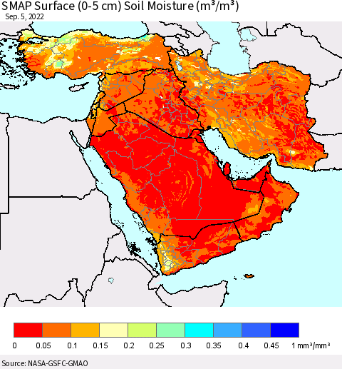 Middle East and Turkey SMAP Surface (0-5 cm) Soil Moisture (m³/m³) Thematic Map For 9/1/2022 - 9/5/2022