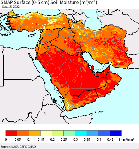 Middle East and Turkey SMAP Surface (0-5 cm) Soil Moisture (m³/m³) Thematic Map For 9/11/2022 - 9/15/2022