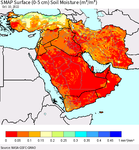 Middle East and Turkey SMAP Surface (0-5 cm) Soil Moisture (m³/m³) Thematic Map For 10/6/2022 - 10/10/2022