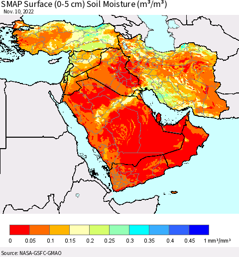 Middle East and Turkey SMAP Surface (0-5 cm) Soil Moisture (m³/m³) Thematic Map For 11/6/2022 - 11/10/2022