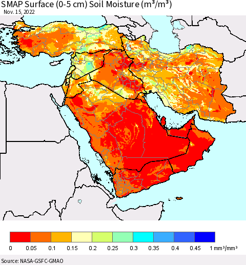 Middle East and Turkey SMAP Surface (0-5 cm) Soil Moisture (m³/m³) Thematic Map For 11/11/2022 - 11/15/2022