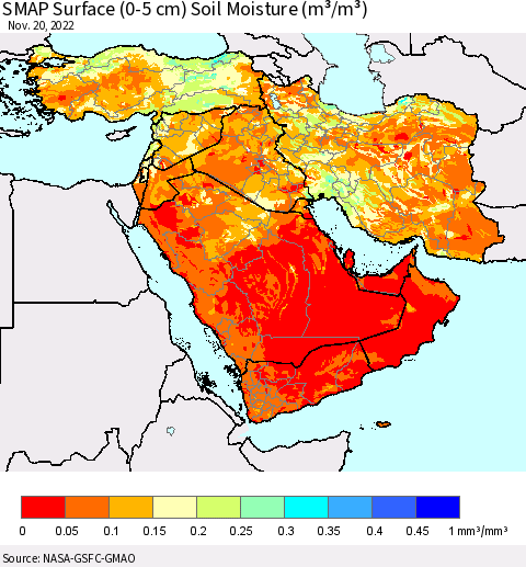 Middle East and Turkey SMAP Surface (0-5 cm) Soil Moisture (m³/m³) Thematic Map For 11/16/2022 - 11/20/2022