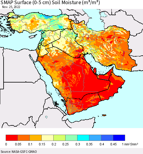 Middle East and Turkey SMAP Surface (0-5 cm) Soil Moisture (m³/m³) Thematic Map For 11/21/2022 - 11/25/2022