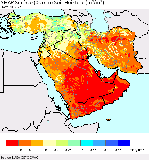 Middle East and Turkey SMAP Surface (0-5 cm) Soil Moisture (m³/m³) Thematic Map For 11/26/2022 - 11/30/2022