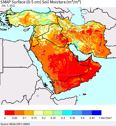 Middle East and Turkey SMAP Surface (0-5 cm) Soil Moisture (m³/m³) Thematic Map For 12/1/2022 - 12/5/2022