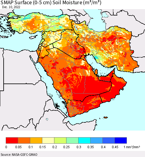 Middle East and Turkey SMAP Surface (0-5 cm) Soil Moisture (m³/m³) Thematic Map For 12/6/2022 - 12/10/2022
