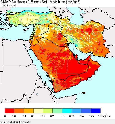 Middle East and Turkey SMAP Surface (0-5 cm) Soil Moisture (m³/m³) Thematic Map For 12/11/2022 - 12/15/2022