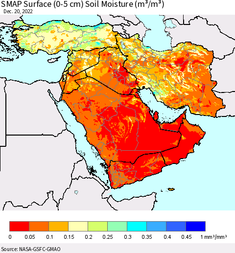 Middle East and Turkey SMAP Surface (0-5 cm) Soil Moisture (m³/m³) Thematic Map For 12/16/2022 - 12/20/2022