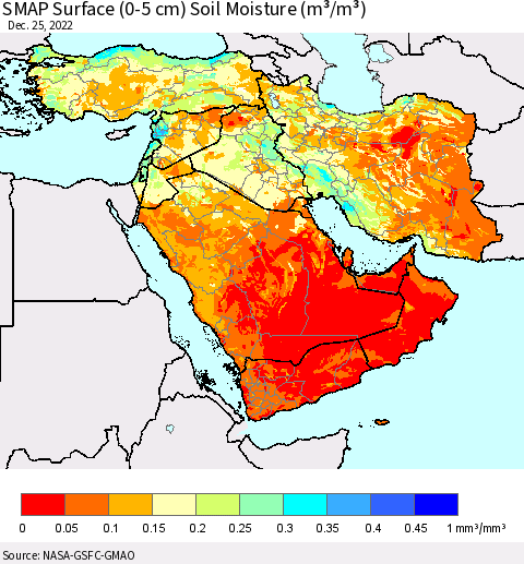 Middle East and Turkey SMAP Surface (0-5 cm) Soil Moisture (m³/m³) Thematic Map For 12/21/2022 - 12/25/2022
