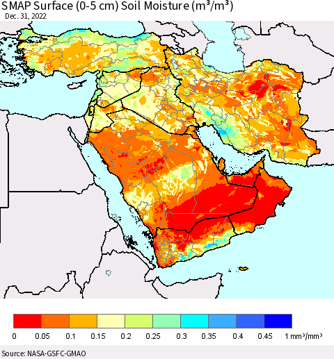 Middle East and Turkey SMAP Surface (0-5 cm) Soil Moisture (m³/m³) Thematic Map For 12/26/2022 - 12/31/2022
