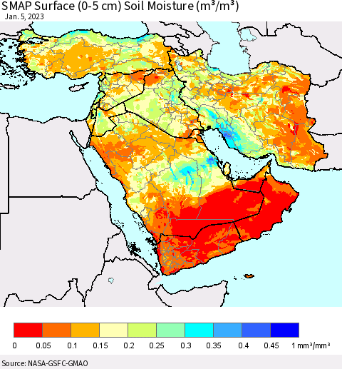 Middle East and Turkey SMAP Surface (0-5 cm) Soil Moisture (m³/m³) Thematic Map For 1/1/2023 - 1/5/2023