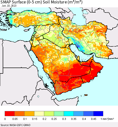 Middle East and Turkey SMAP Surface (0-5 cm) Soil Moisture (m³/m³) Thematic Map For 1/6/2023 - 1/10/2023