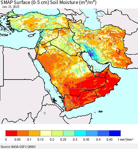Middle East and Turkey SMAP Surface (0-5 cm) Soil Moisture (m³/m³) Thematic Map For 1/11/2023 - 1/15/2023