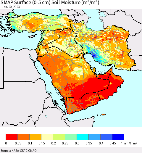 Middle East and Turkey SMAP Surface (0-5 cm) Soil Moisture (m³/m³) Thematic Map For 1/16/2023 - 1/20/2023