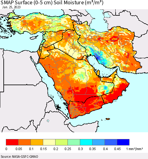 Middle East and Turkey SMAP Surface (0-5 cm) Soil Moisture (m³/m³) Thematic Map For 1/21/2023 - 1/25/2023