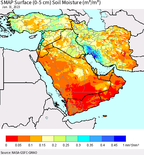 Middle East and Turkey SMAP Surface (0-5 cm) Soil Moisture (m³/m³) Thematic Map For 1/26/2023 - 1/31/2023