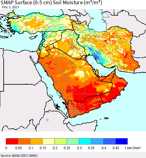 Middle East and Turkey SMAP Surface (0-5 cm) Soil Moisture (m³/m³) Thematic Map For 2/1/2023 - 2/5/2023