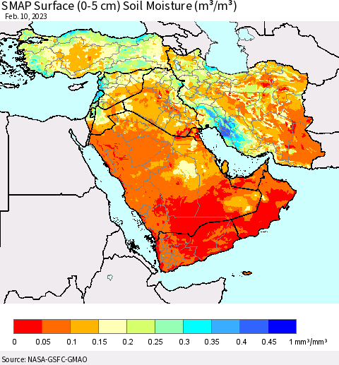 Middle East and Turkey SMAP Surface (0-5 cm) Soil Moisture (m³/m³) Thematic Map For 2/6/2023 - 2/10/2023