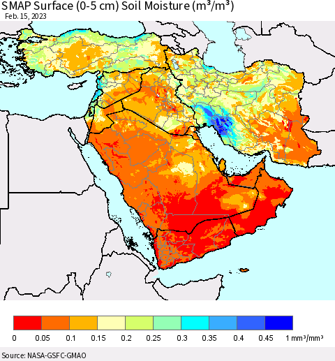Middle East and Turkey SMAP Surface (0-5 cm) Soil Moisture (m³/m³) Thematic Map For 2/11/2023 - 2/15/2023