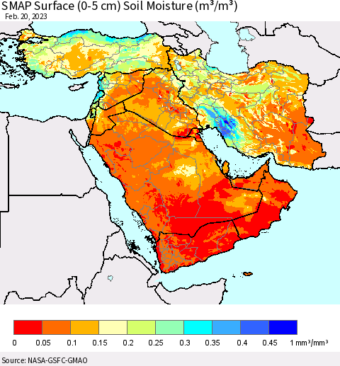 Middle East and Turkey SMAP Surface (0-5 cm) Soil Moisture (m³/m³) Thematic Map For 2/16/2023 - 2/20/2023