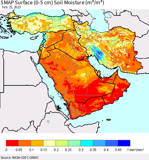 Middle East and Turkey SMAP Surface (0-5 cm) Soil Moisture (m³/m³) Thematic Map For 2/21/2023 - 2/25/2023