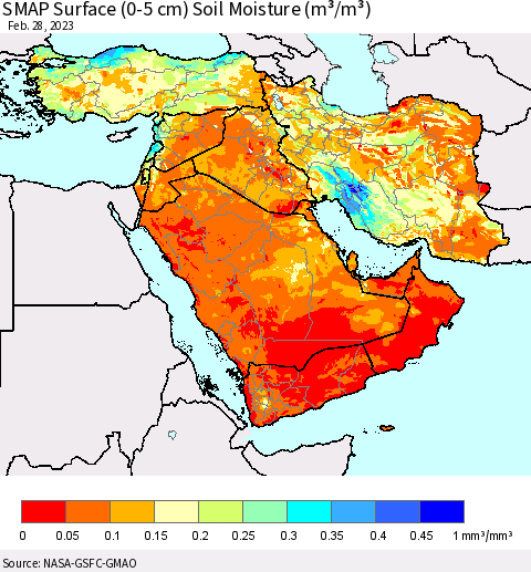 Middle East and Turkey SMAP Surface (0-5 cm) Soil Moisture (m³/m³) Thematic Map For 2/26/2023 - 2/28/2023