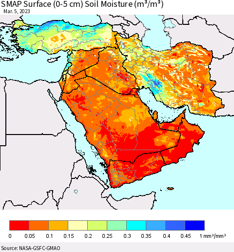Middle East and Turkey SMAP Surface (0-5 cm) Soil Moisture (m³/m³) Thematic Map For 3/1/2023 - 3/5/2023