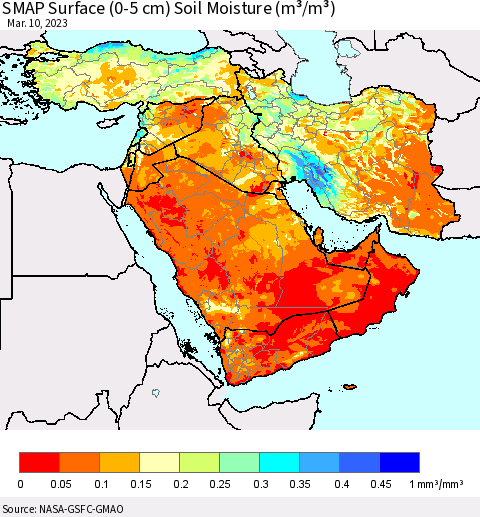 Middle East and Turkey SMAP Surface (0-5 cm) Soil Moisture (m³/m³) Thematic Map For 3/6/2023 - 3/10/2023