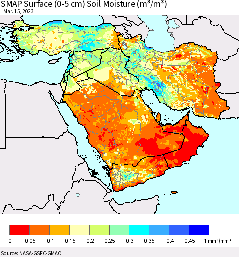 Middle East and Turkey SMAP Surface (0-5 cm) Soil Moisture (m³/m³) Thematic Map For 3/11/2023 - 3/15/2023