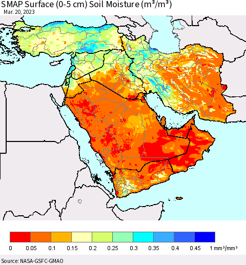Middle East and Turkey SMAP Surface (0-5 cm) Soil Moisture (m³/m³) Thematic Map For 3/16/2023 - 3/20/2023