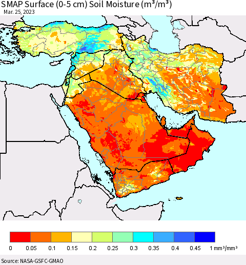 Middle East and Turkey SMAP Surface (0-5 cm) Soil Moisture (m³/m³) Thematic Map For 3/21/2023 - 3/25/2023