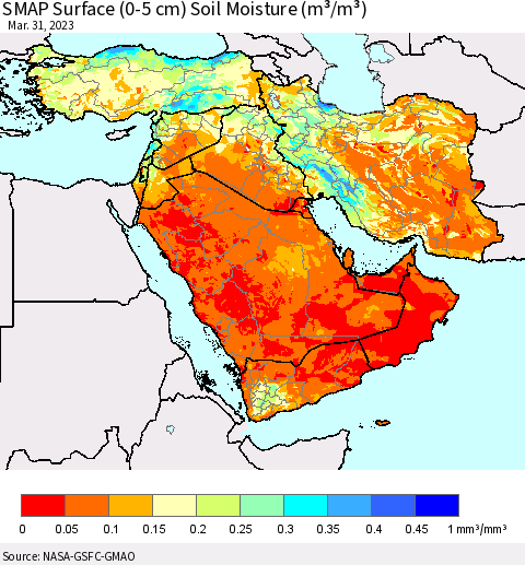 Middle East and Turkey SMAP Surface (0-5 cm) Soil Moisture (m³/m³) Thematic Map For 3/26/2023 - 3/31/2023