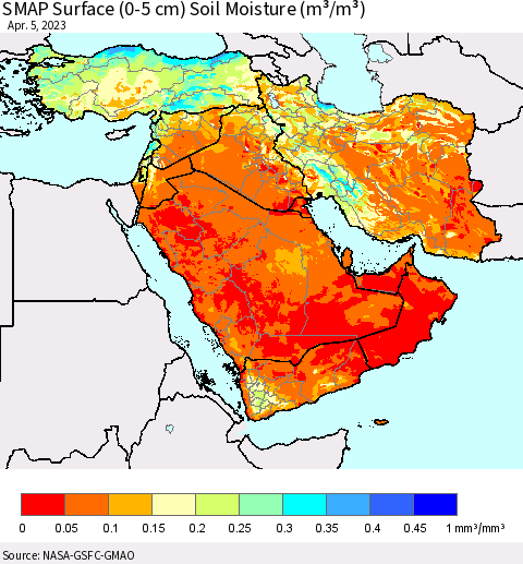 Middle East and Turkey SMAP Surface (0-5 cm) Soil Moisture (m³/m³) Thematic Map For 4/1/2023 - 4/5/2023