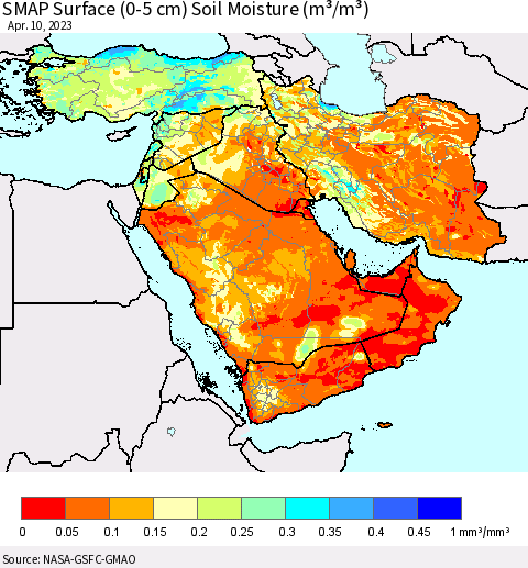 Middle East and Turkey SMAP Surface (0-5 cm) Soil Moisture (m³/m³) Thematic Map For 4/6/2023 - 4/10/2023