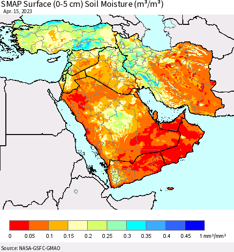 Middle East and Turkey SMAP Surface (0-5 cm) Soil Moisture (m³/m³) Thematic Map For 4/11/2023 - 4/15/2023