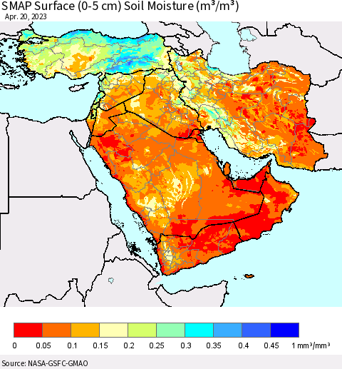 Middle East and Turkey SMAP Surface (0-5 cm) Soil Moisture (m³/m³) Thematic Map For 4/16/2023 - 4/20/2023