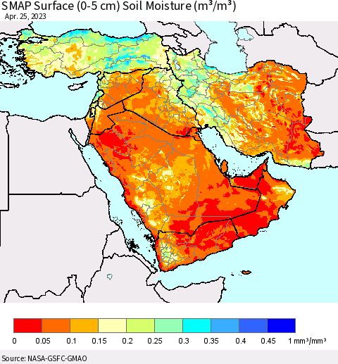 Middle East and Turkey SMAP Surface (0-5 cm) Soil Moisture (m³/m³) Thematic Map For 4/21/2023 - 4/25/2023