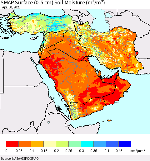 Middle East and Turkey SMAP Surface (0-5 cm) Soil Moisture (m³/m³) Thematic Map For 4/26/2023 - 4/30/2023